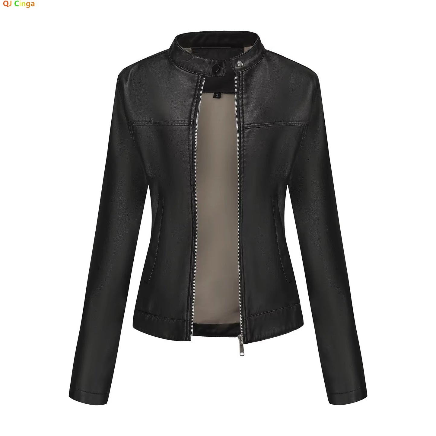 Black Women's Fitted Leather Jacket with Front Zipper & Side Pockets?, Available in Brown, Navy Blue, and Beige.