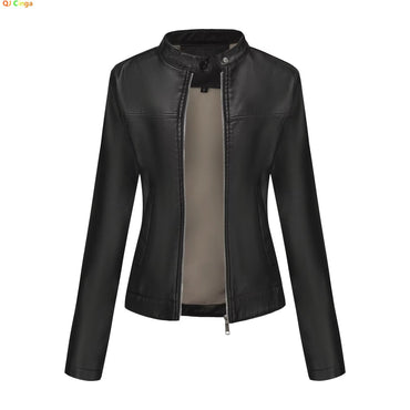 Black Women's Fitted Leather Jacket with Front Zipper & Side Pockets?, Available in Brown, Navy Blue, and Beige.