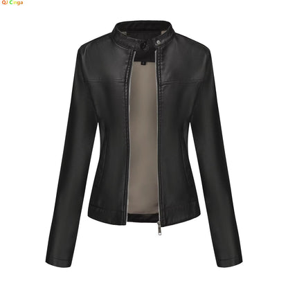 Black Women's Fitted Leather Jacket with Front Zipper & Side Pockets?, Available in Brown, Navy Blue, and Beige.