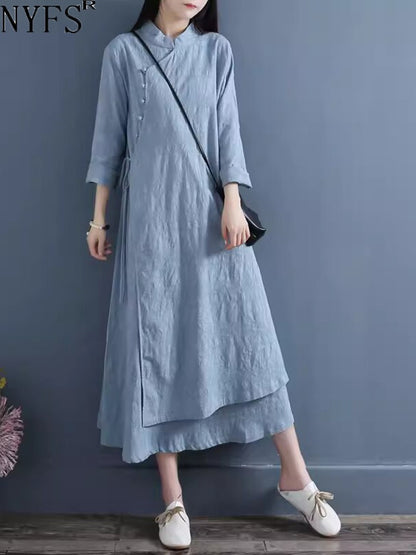 NYFS 2025 Spring Autumn New Womens Dresses Vestidos Robe Elbise Loose Plus Size Cotton Linen Double Layer Long Dress