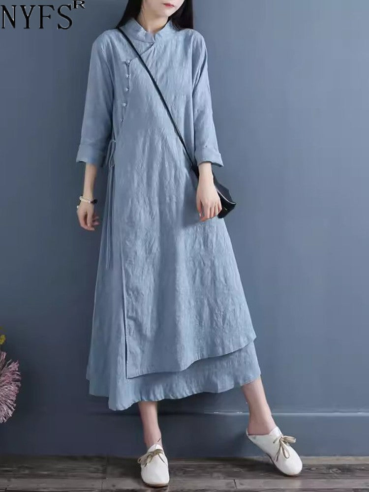 NYFS 2025 Spring Autumn New Womens Dresses Vestidos Robe Elbise Loose Plus Size Cotton Linen Double Layer Long Dress