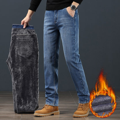 2024 Winter Warm Jeans Men's Fleece Thickened Slim Straight Trousers Fashion Stretch Cotton Casual Denim Pants Brand Clothes
