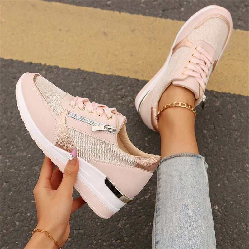 Fashion Thick Bottom Silver Sneakers Women 2025 Spring Wedge Heel Vulcanized Shoes Woman Comfortable Lace Up Sport Sneaker Mujer
