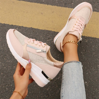 Fashion Thick Bottom Silver Sneakers Women 2025 Spring Wedge Heel Vulcanized Shoes Woman Comfortable Lace Up Sport Sneaker Mujer