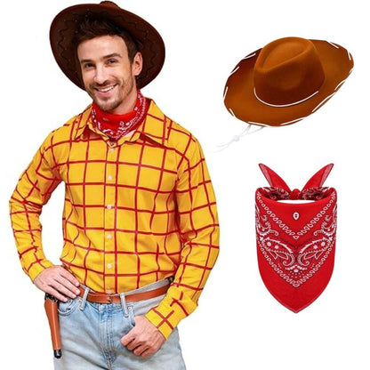 Adult Woody Cosplay Cow Shirts Hat Scraf Set Costume Men Roleplay Fantasia Outfits Halloween Carnival Party Disguise Suit