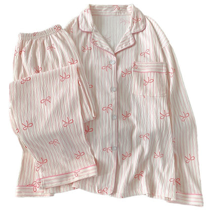 Spring and Autumn Sweet Bow Korean Style Ins Wrinkled Fabric Long Sleeve Cardigan Nightgown Women's High-Quality Homewear Set