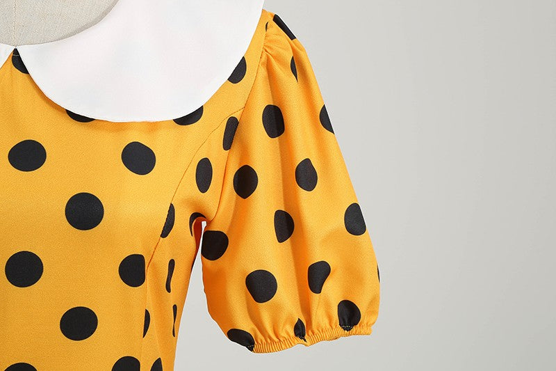 Elegant Women Summer Dress Puff Short Sleeve Polka Dot Peter pan Collar Vintage A-line Midi Long Party Sundress
