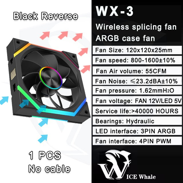 ICE Whale WX-3 Wireless Splicing Fan ARGB Air-Cooled Cooling Accessories 1600RPM 12CM Chassis Fan