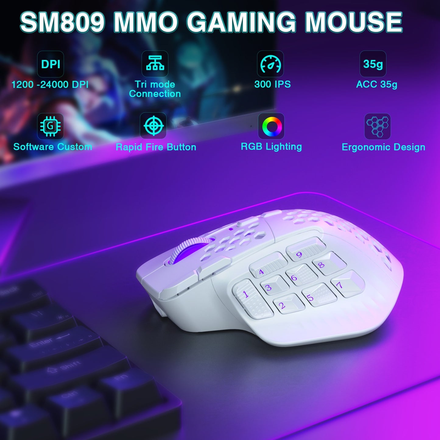 Mouse Gamer Sem Fio SOLAKAKA SM809 Pro MMO PAW3311 16 Botões Laterais 24000 DPI RGB Colmeia Macro Programável Mouse sem fio