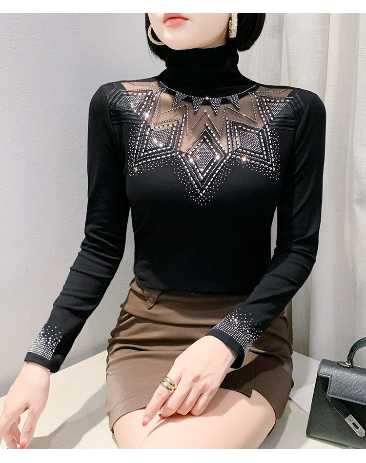 2025 European Station Long Sleeve Women Tees Autumn Winter New Stand collar Hot Diamond T Shirt Fashion Slim Mesh Tops