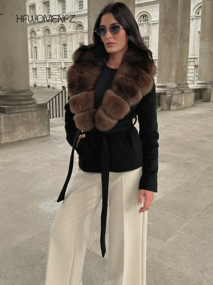 Elegant Fur Collar Woolen Coat Women Contrast Full Sleeve Turn-down Collar Loose Lace Up Coats Female 2025 Autumn Lady Outwears