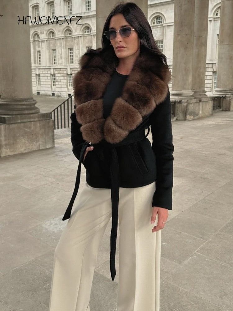 Elegant Fur Collar Woolen Coat Women Contrast Full Sleeve Turn-down Collar Loose Lace Up Coats Female 2025 Autumn Lady Outwears