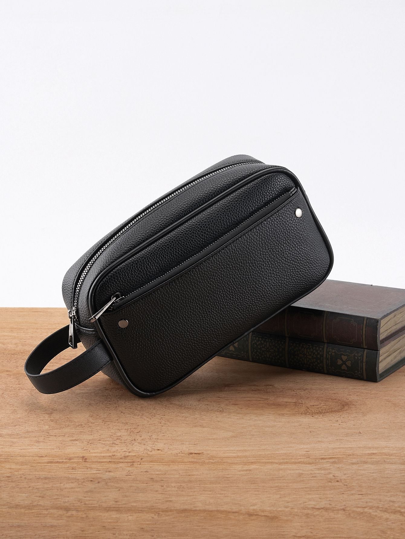 ??Men's Textured PU Leather Organizer Bag - Dual Zipper Hand Carry w/ Detachable Strap, Fits Phone & Essentials