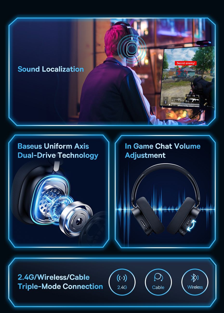 Baseus GH02 Gaming Wireless Headphone with Mic Over-Ear Headphones Bluetooth 5.3 40mm Driver 2.4G/Wireless/Cable RGB Headsets