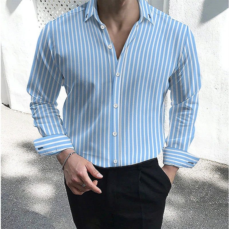 Men's formal shirt button lapel shirt black and white red long sleeve striped collar wedding work clothing large size 5XL