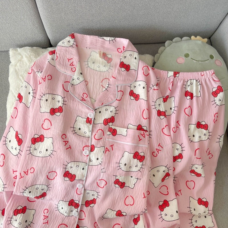 Cartoon Hello Kitty Pajamas Set Women's Autumn Winter Long Sleeve Loungewear Pink Cute Sleepwear Kawaii Soft Homewear Outfit
