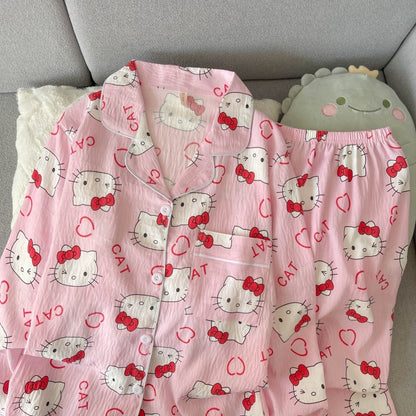 Cartoon Hello Kitty Pajamas Set Women's Autumn Winter Long Sleeve Loungewear Pink Cute Sleepwear Kawaii Soft Homewear Outfit