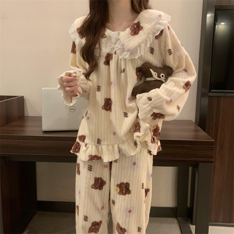 Warm Sleepwear Small Bear Peach Coral Velvet Two-Piece Set Women Pajamas Autumn and Winter Thickening Home Wear School Sleepwear