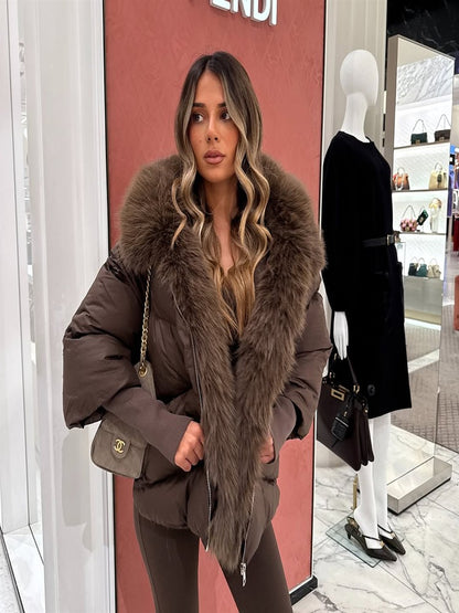 Vintage Women's Fur Coat Elegant Furs Collar Puffer Thicken Full Sleeve Jacket With Furs Female 2025 Autumn Winter Woman Coats
