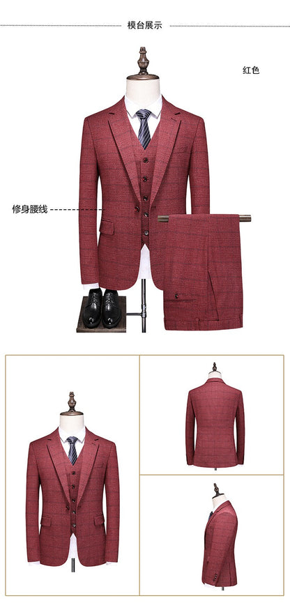 Mens Suits 3 Piece Business Office Formal Set Checkered Pattern Slim Fit Blazer Vest Pants High Quality Luxury Work Wedding