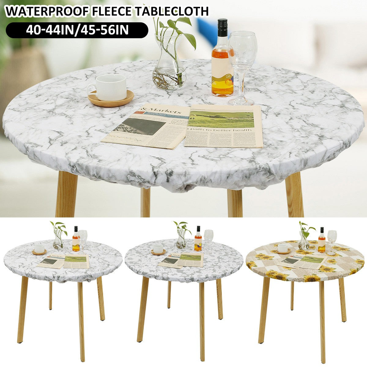 Waterproof Round Tablecloth Elastic Fixation Edged PVC Table Cover Flannel Backed Table Pad Oil-Proof for Dining Table Kitchen