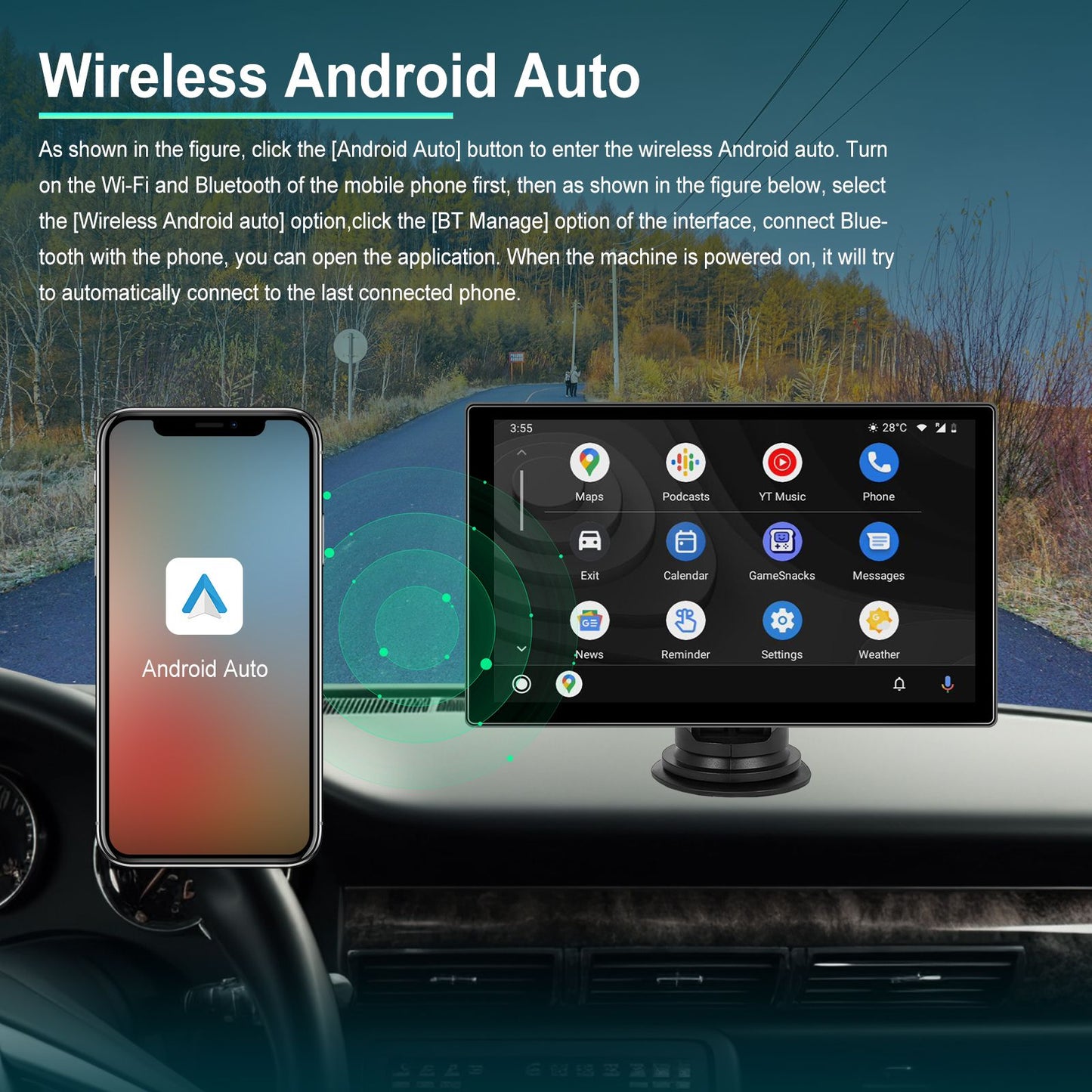 Player de Vídeo Multimídia de Rádio para Espelho de Carro Portátil de 9" Universal Sem Fio CarPlay Android Auto Tela Bluetooth AUX TF GPS DVR