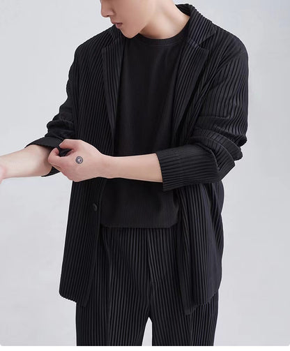 Miyake New 2025 Spring Suit Long Sleeve Pleated Pleated Men's Jacket Lapel Pleated Solid Color Fashion Loose Plisse Casual Top