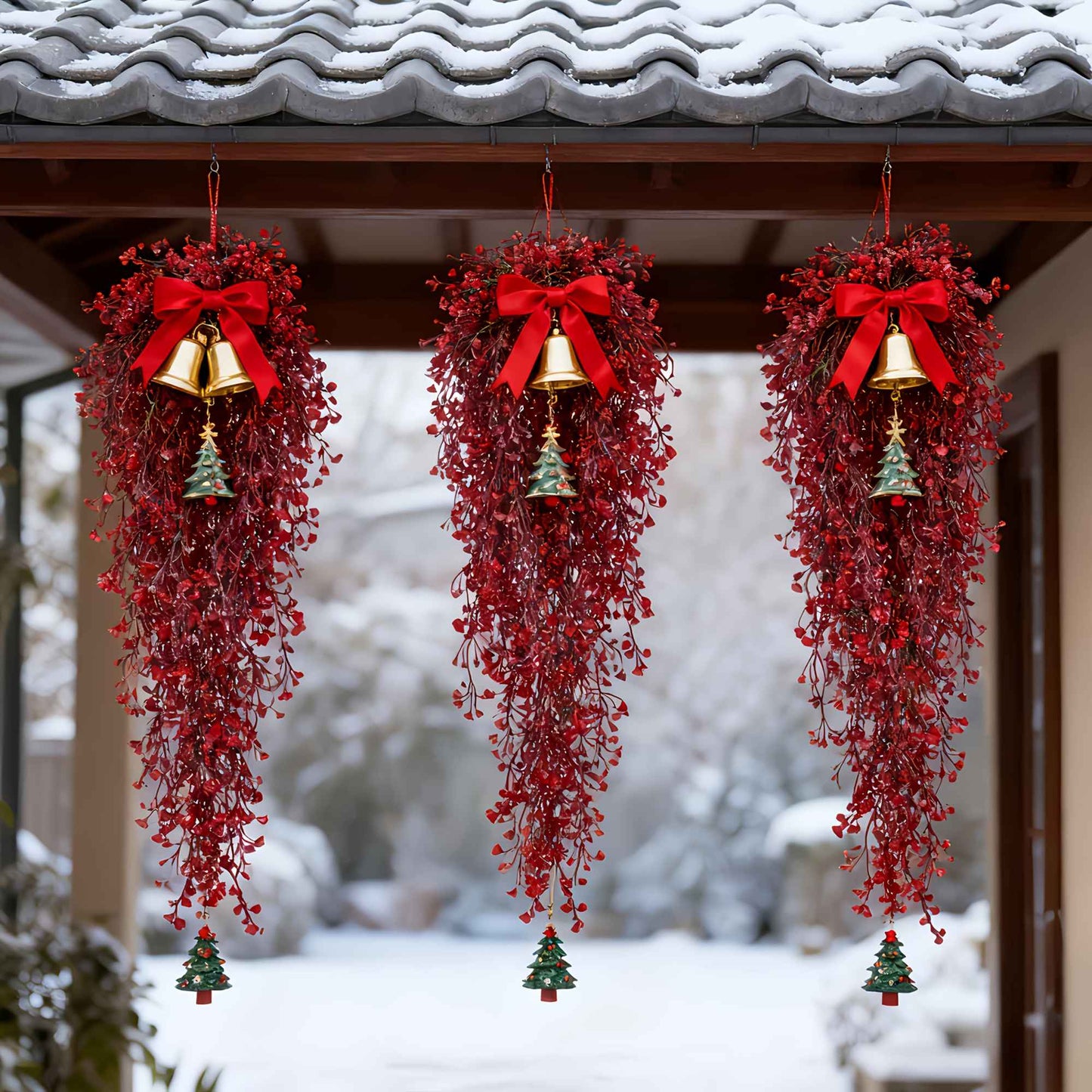 3pcs Artificial Hanging Plants Garland Plastic Red Ferns Fake Ivy Plant for Christmas Home Wedding Table Party Garden Decoration