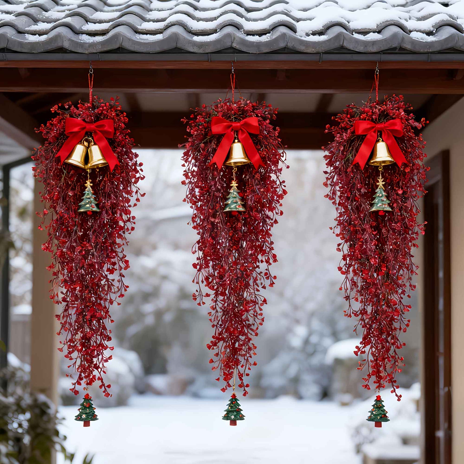 3pcs Artificial Hanging Plants Garland Plastic Red Ferns Fake Ivy Plant for Christmas Home Wedding Table Party Garden Decoration