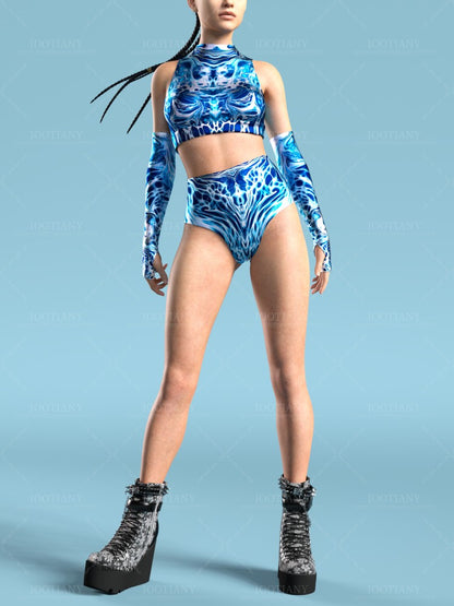 Adult Summer Role Play Bodysuit Women Sexy Hollow Sleeveless Blue Graffiti Art Swimsuit Carnival Party Stage Performance Clothes