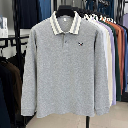 Men's 100% Cotton Original Design Printed Long Sleeved Polo Shirt Spring Autumn Simple Fashion Business Lapel T-shirt Men's Wear