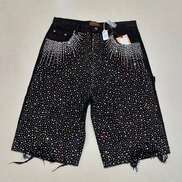 Streetwear Couple Vintage Rhinestone Sequined Denim Shorts Y2K Cowboy Hip Hop Denim Loose Sport Shorts Denim Casual Shorts