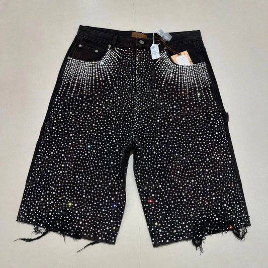 Streetwear Couple Vintage Rhinestone Sequined Denim Shorts Y2K Cowboy Hip Hop Denim Loose Sport Shorts Denim Casual Shorts