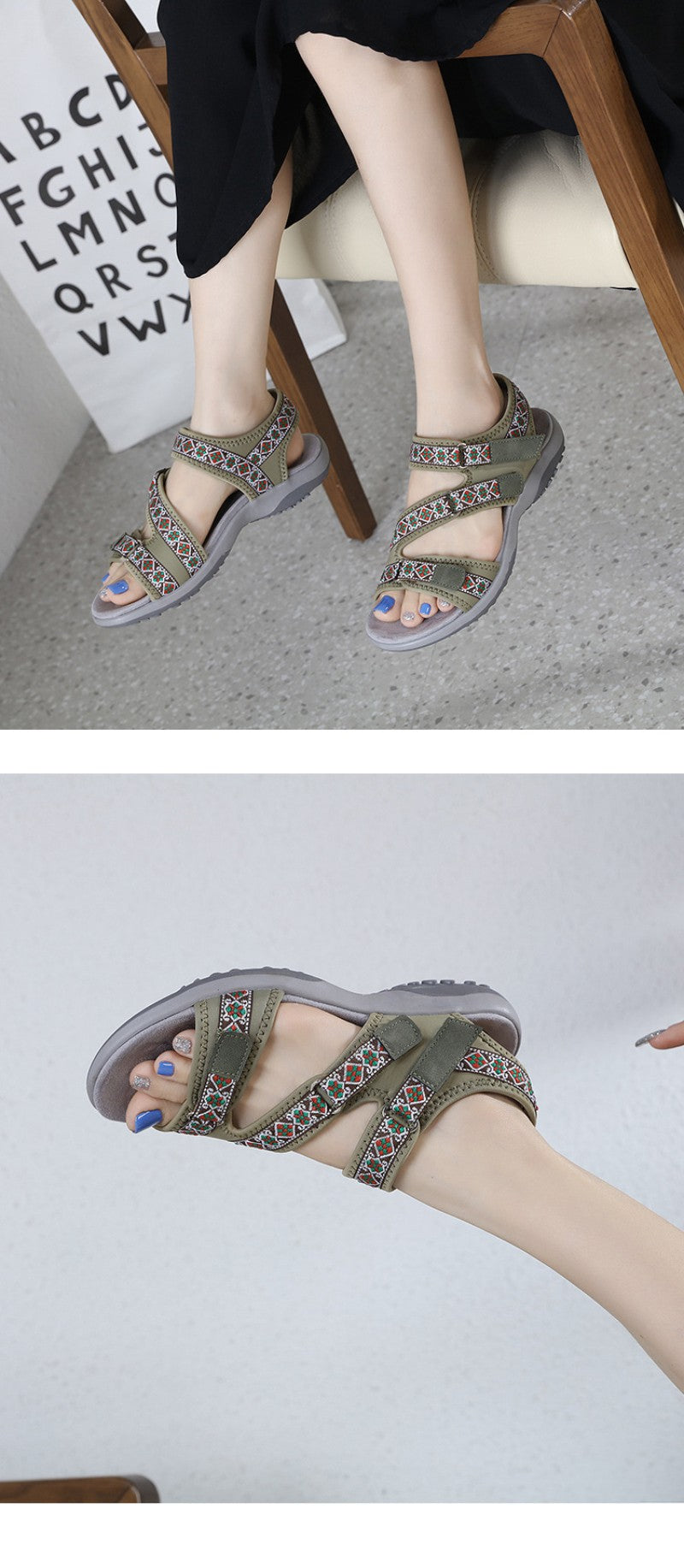 Spring And Summer Printed Velcro Comfortable Casual Beach Flat Sandals For Women's Ethnic Style Leisure Comfortable And Simple