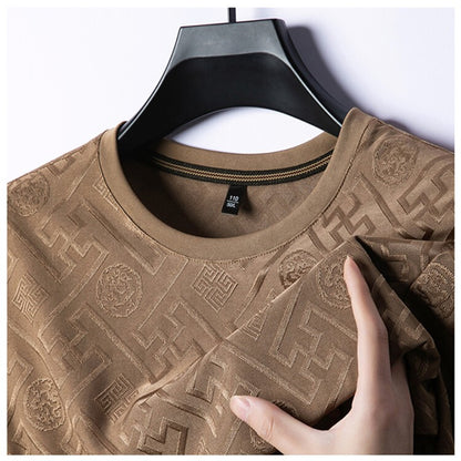 2024 Summer Ice Silk Men's Jacquard Short Sleeve T-shirt High end Brand Fashion Jacquard Cool Breathable Casual Round Neck Top