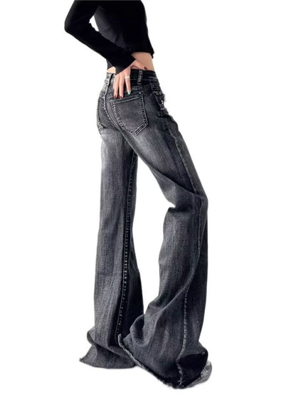 New retro micro-flare women jeans ins fashionable streetwear hot girl style belt bristled design slim straight pants