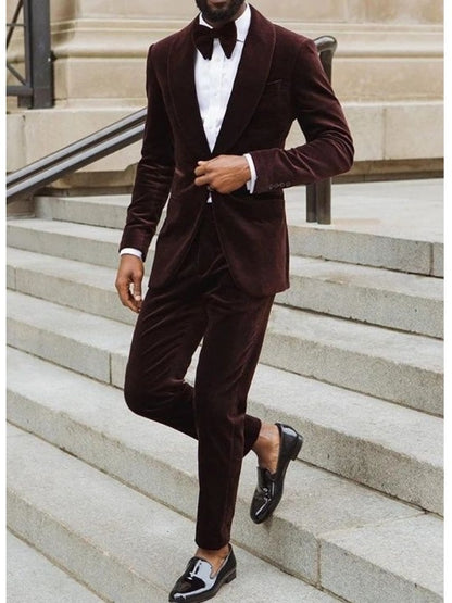 Brown Velvet Casual Suits Set For Men 2 Oieces (Blazer+Pants)  Shawl Lapel Elegant Wedding Tuxedos Autumn Male Outfit Clothing