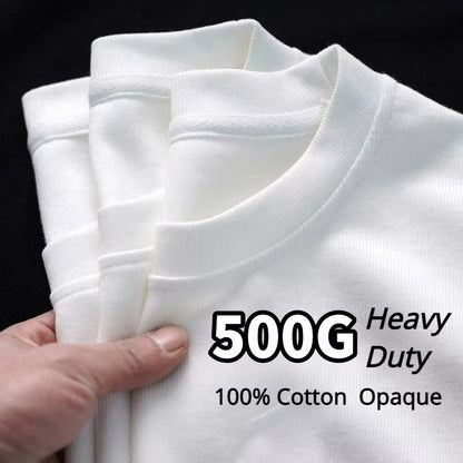 500/300g Heavy-duty White Pure Cotton T-shirt Thickened Threaded Round Neck Short Sleeves Three Needle Half Sleeve Tees