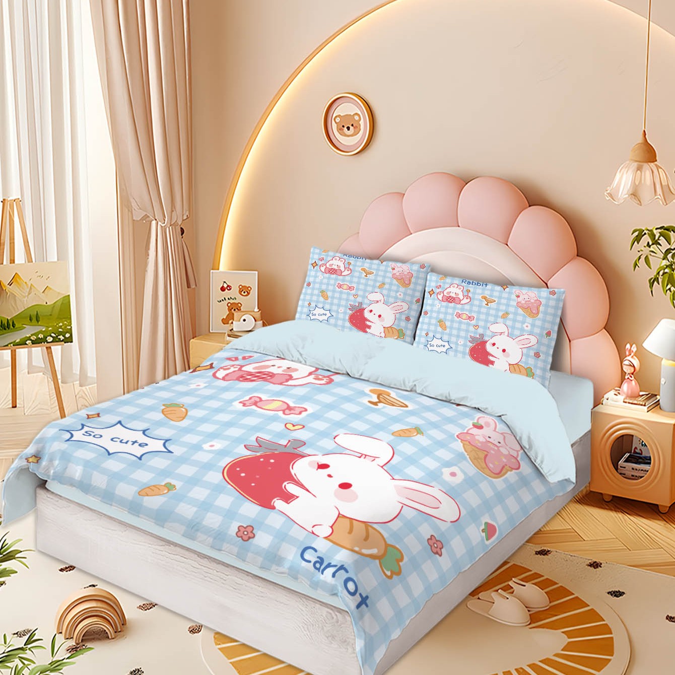 3PCS Cartoon Grid Rabbit Theme Series Bedding Set Full Size Kids,Rabbit Comforter Cover for Boys Girls Bedroom Decor