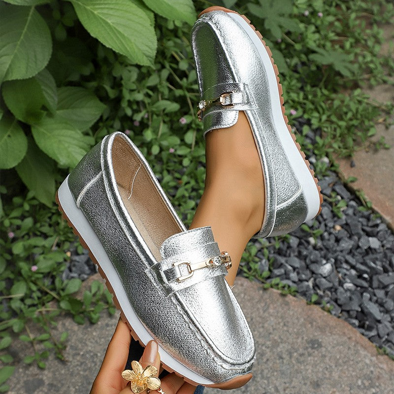 Gold Silver Metal Chain Flats Shoes Women Spring Autumn Plus Size Platform Loafers Woman Slip On Soft Bottom Casual Shoes Female