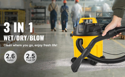 SucceBuy Wet Dry Vac 2.6 Gallon 2.5 Peak HP 3 in 1 Portable Shop Vacuum with Blowing Function  Attachment Storage for Floor