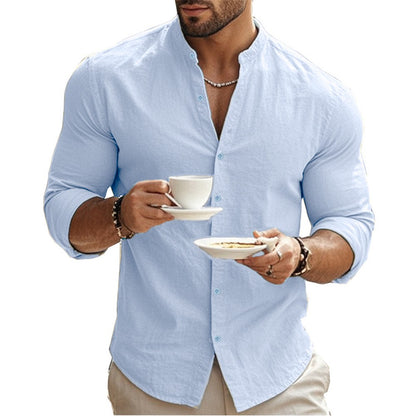 Men's Henry Shirts Cotton Linen Slim Fit Causal Hawaiian Solid Color Basic Style Spring Summer Breathable Men Clothing