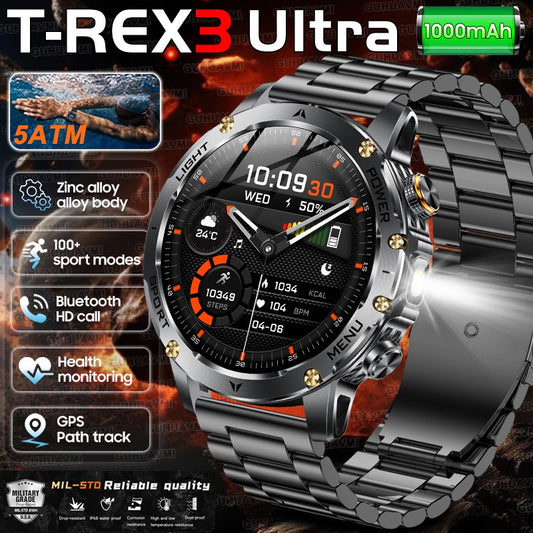 2025 Novo Smartwatch Militar T-Rex 3 Ultra Bateria de 1000mAh 5ATM À Prova D'água Lanterna Monitor Cardíaco Rastreador Esportivo Smartwatch Masculino