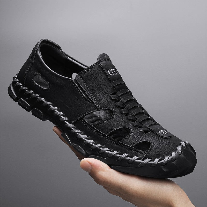 2025 New Men's Handmade Leather Sandals Flat Sandals Fashion Men's Suitable for Beach Vacation Summer Brown Non-slip Sandals