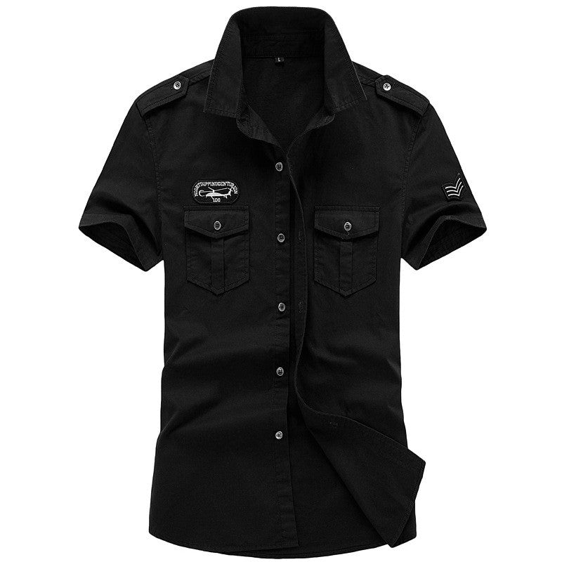 Men Cargo Shirts Summer Military Cotton Short Sleeve Shirts Retro Slim Fit With Pocket Epaulets Half Sleeve Shirts Drop Shipping