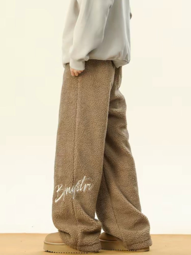 Women's Embroidered Flannel Sweatpants American Lamb Fleece Cotton Thickened Warm Couple Skiing Pants Autumn