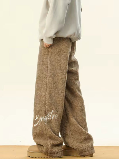 Women's Embroidered Flannel Sweatpants American Lamb Fleece Cotton Thickened Warm Couple Skiing Pants Autumn