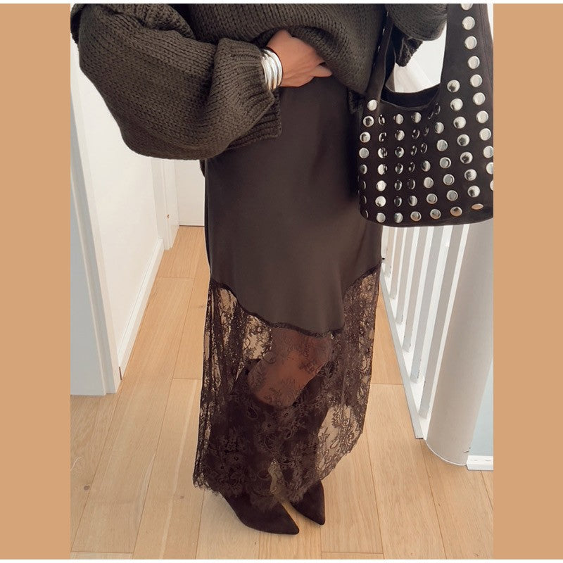 Satin Skirts Women Loose High Waist Patchwork Lace See Through Skirt Female 2025 Chic Solid Sexy Elegant Streetwears