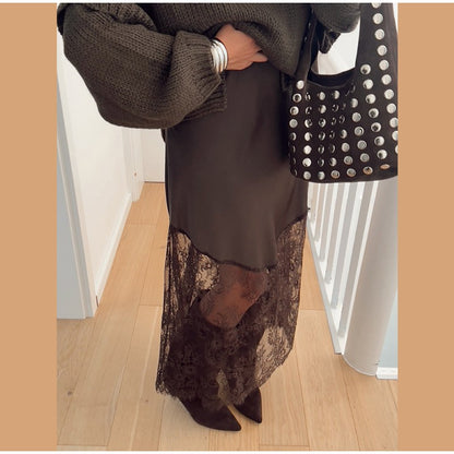 Satin Skirts Women Loose High Waist Patchwork Lace See Through Skirt Female 2025 Chic Solid Sexy Elegant Streetwears