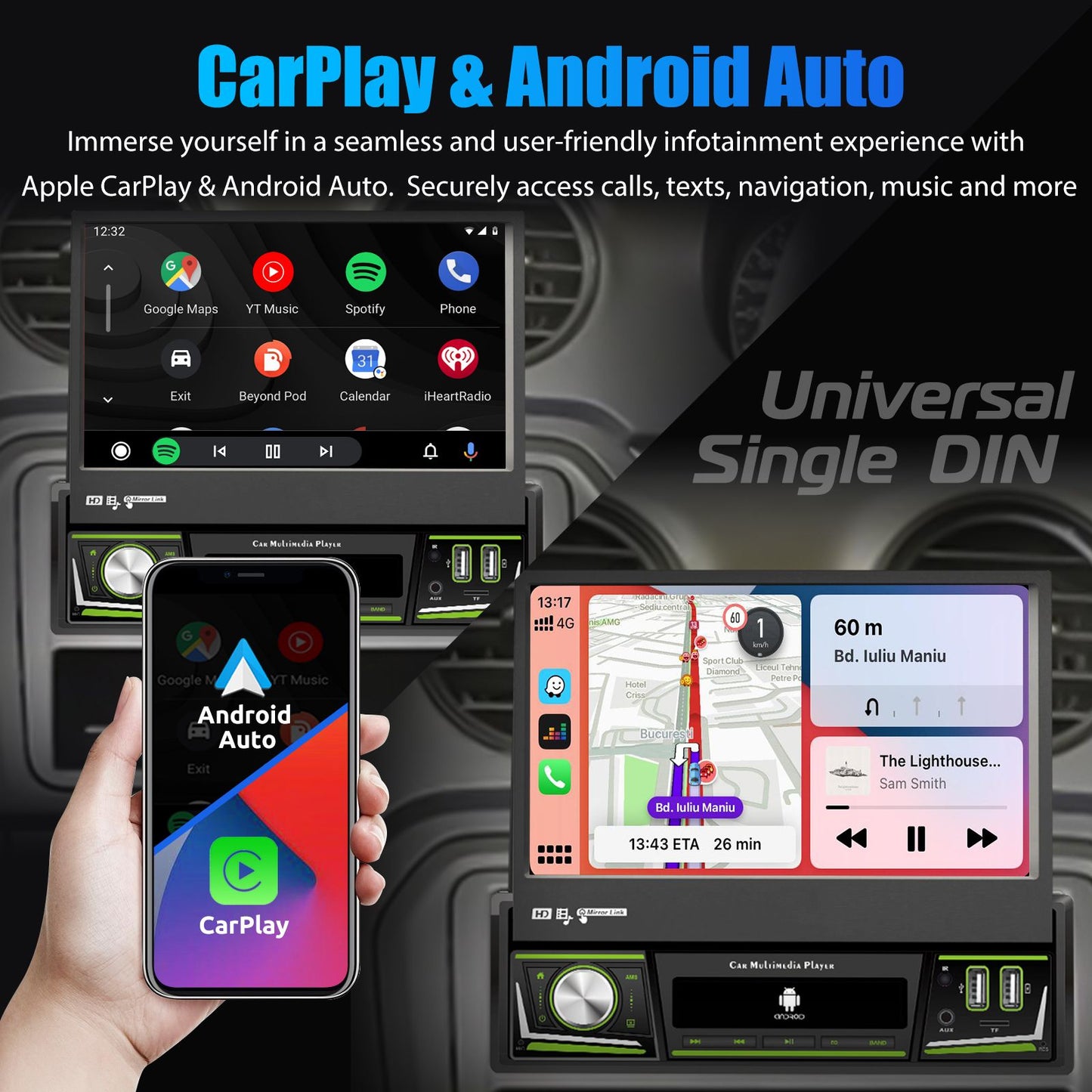 ESSGOO 1 DIN 7 Polegadas Flip Out Tela Touchscreen 4+64G Android 14 Rádio Estéreo Automotivo Apple Carplay GPS Navi Wifi FM RDS Bluetooth USB EQ